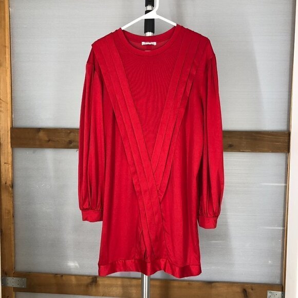 ZARA Red Pleated Balloon Long Sleeve Mini Dress Sz M - Picture 2 of 10